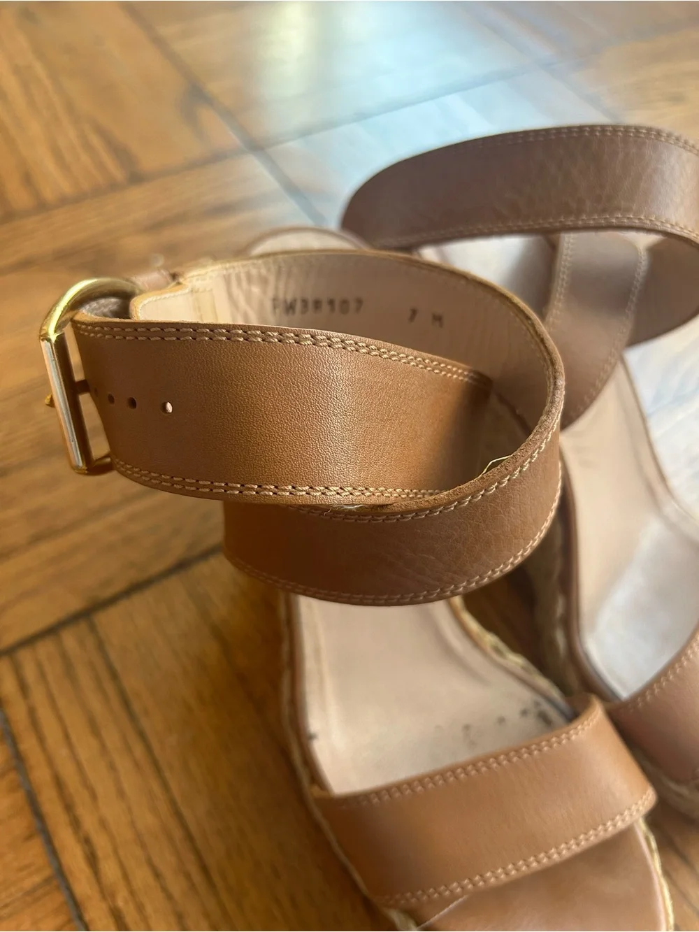 Stuart Weitzman Cognac Leather Espadrille Wedge Sandals